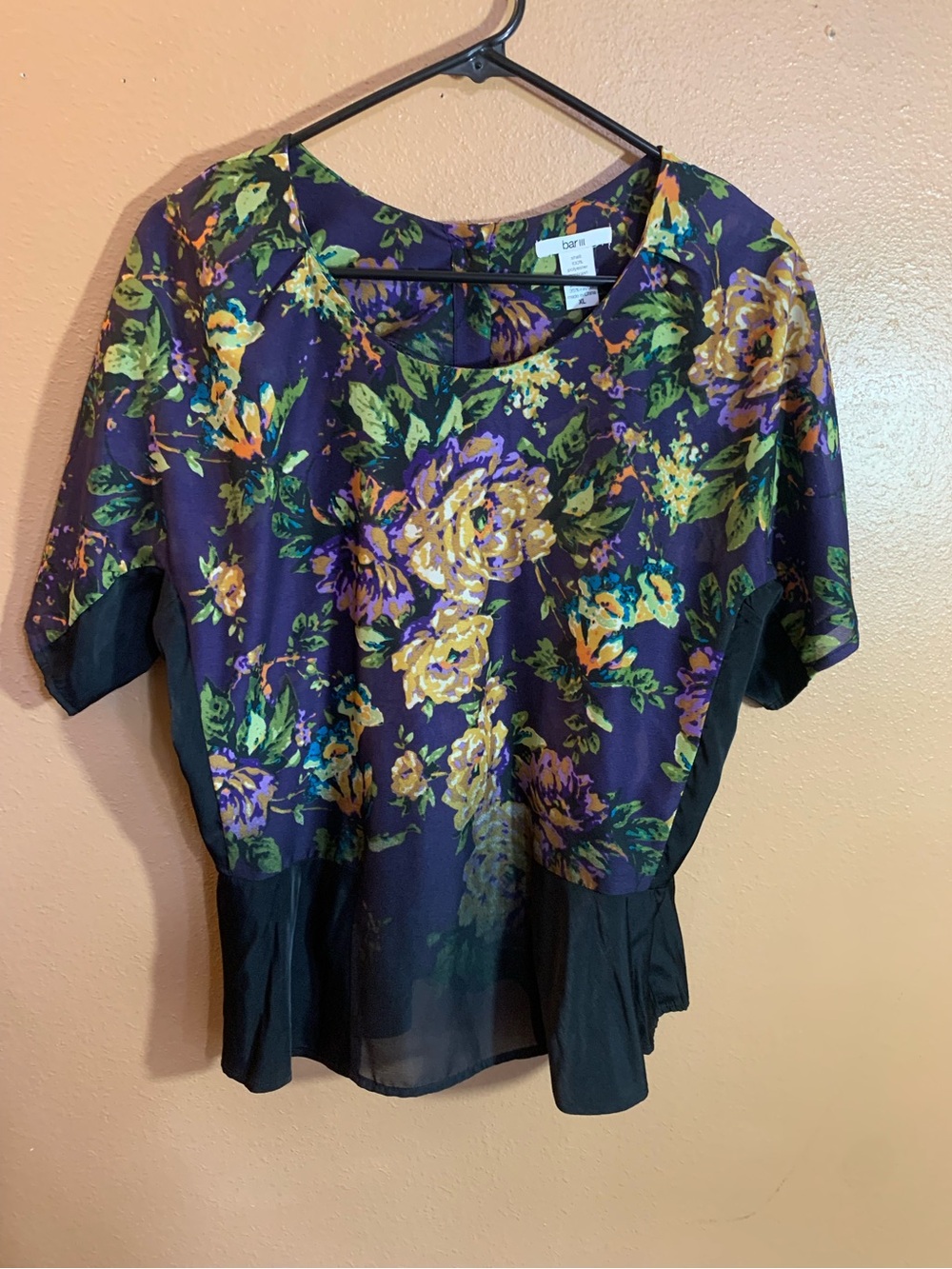 Bar III Purple Floral Peplum Blouse with Yellow & Green Accents - XL